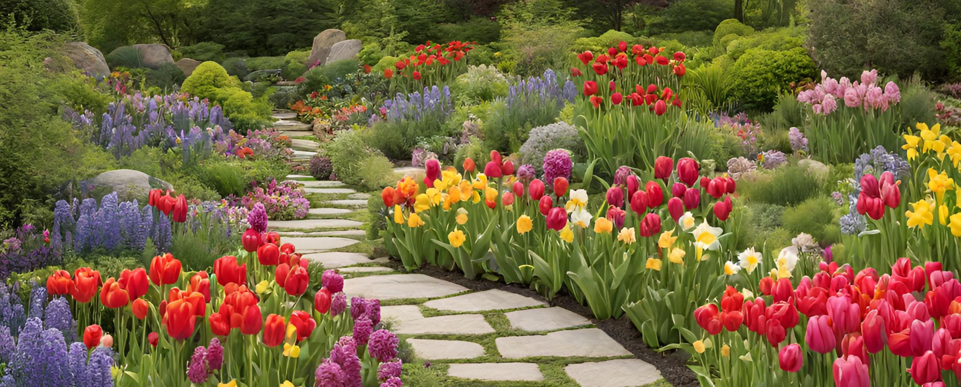 A lush, vibrant garden at the peak of spring bloom. The foreground features a variety of colorful spring flowers—tulips, daffodils, and hyacinths—creating a tapestry of reds, yellows, purples, and pinks. In the middle ground, a newly constructed stone pathway winds gently through the garden, inviting exploration. The path leads to a serene terrace area in the background, where comfortable outdoor seating is nestled under a pergola draped with flowering vines. The entire scene is framed by fresh green foliage and a few strategically placed deciduous trees, their branches just beginning to bud, symbolizing renewal and growth. The early morning light filters softly through the leaves, casting a warm, welcoming glow over the garden. A few butterflies and bees can be seen pollinating the flowers, adding a dynamic element of biodiversity to the scene.