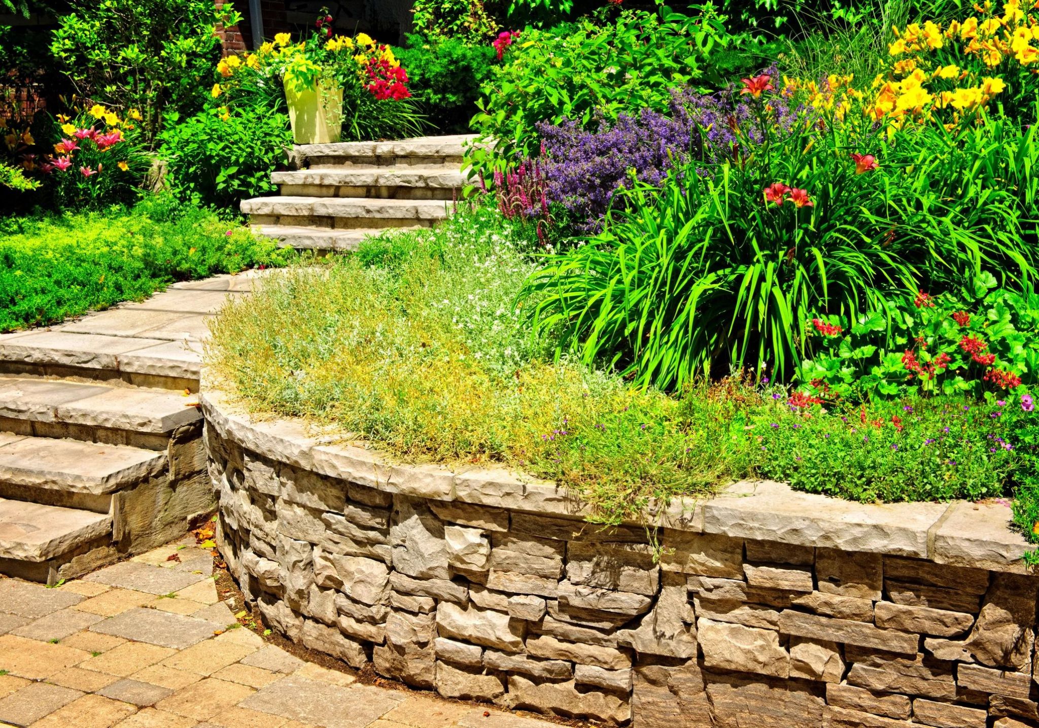 Beautiful front entry garden with stone features