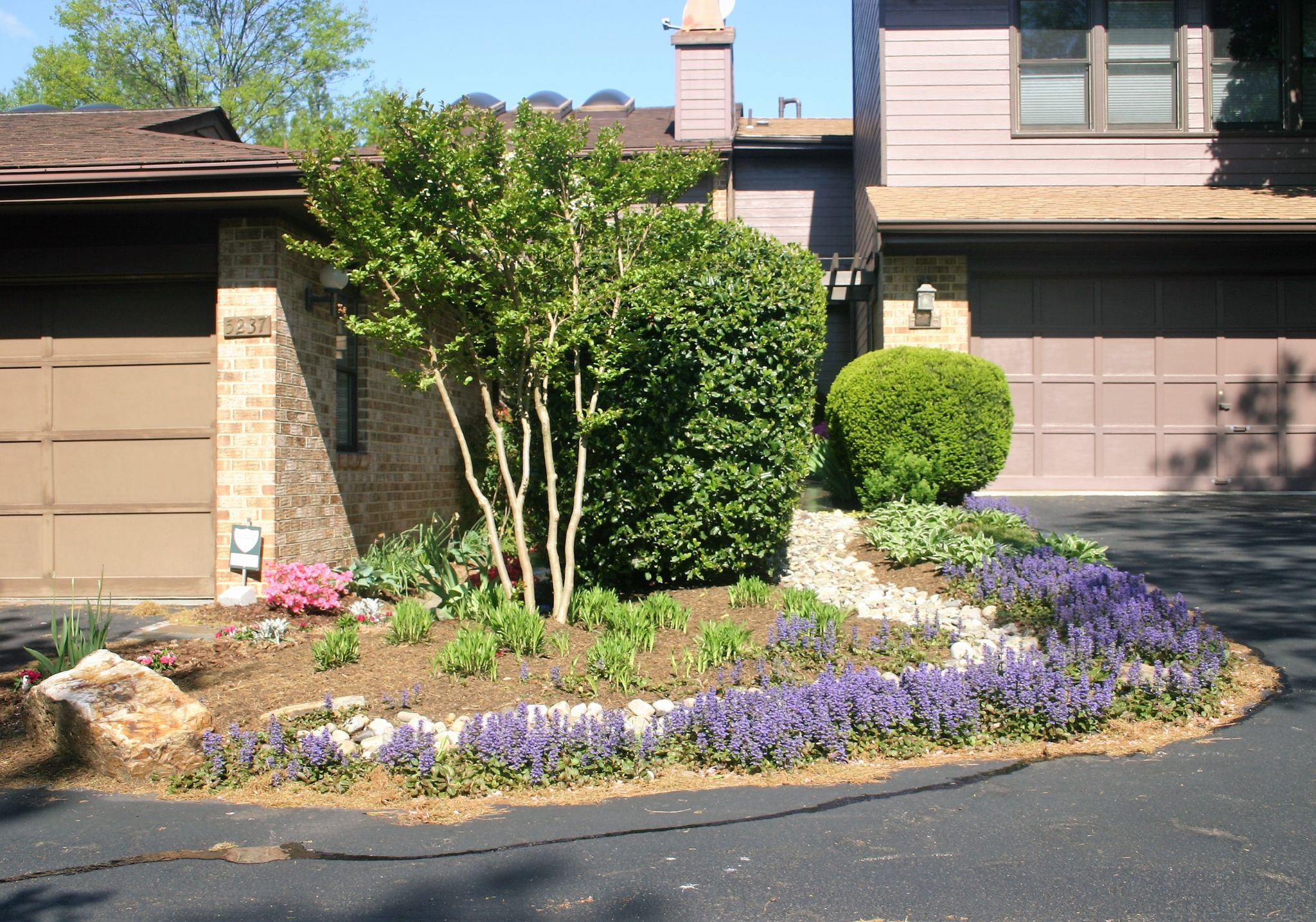 Beautiful garden at garage entrance with trees, shrubs, flowers, and jasmines