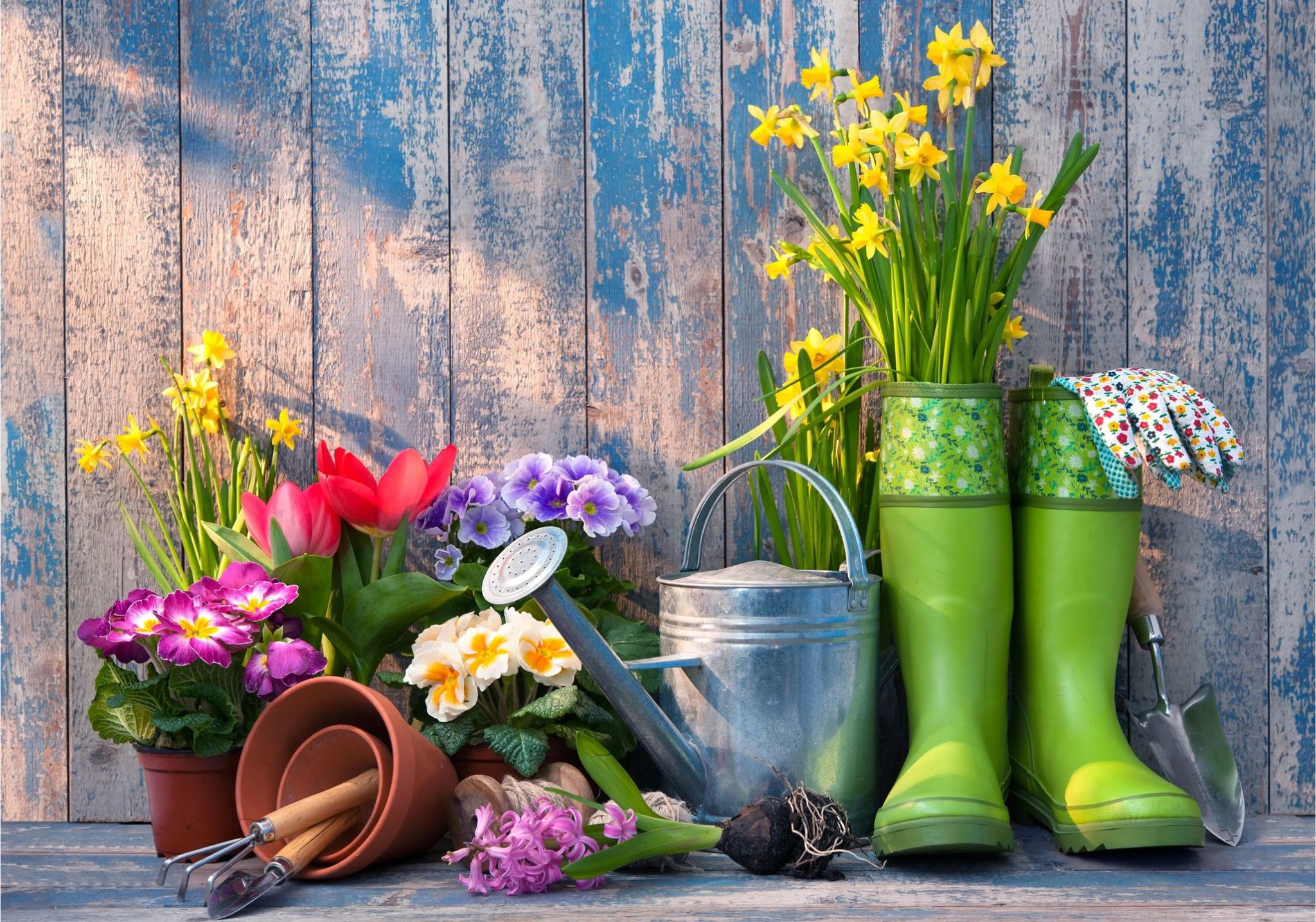 Flower pots, gardening rake, tools, and rubber boot