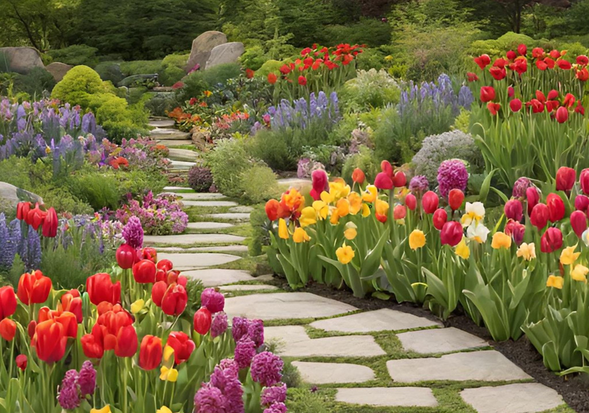 Stone path surrounded by tulips and jasmine in a beautiful spring garden
