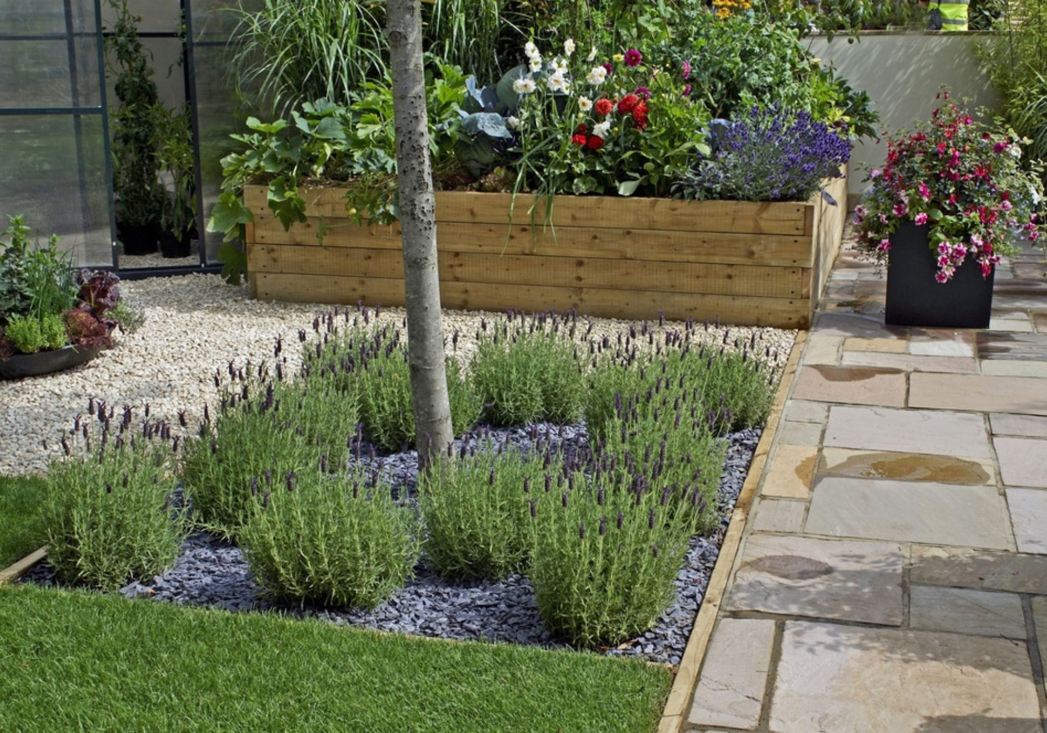Terrace garden with raised beds and containers