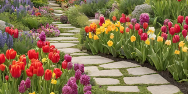 Stone path surrounded by tulips and jasmine in a beautiful spring garden