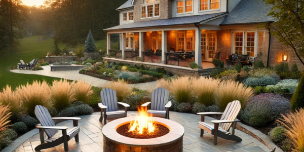 Natural-tone paver patio with fire pit, Adirondack chairs, and native landscaping in Montgomery County, Maryland.