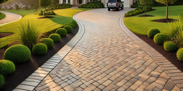Natural-tone paver driveway in a landscaped Maryland garden with grass, boxwoods, and ornamental plants.
