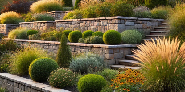 Natural stone retaining wall supporting a terraced garden with native Maryland plants in a landscaped residential setting.