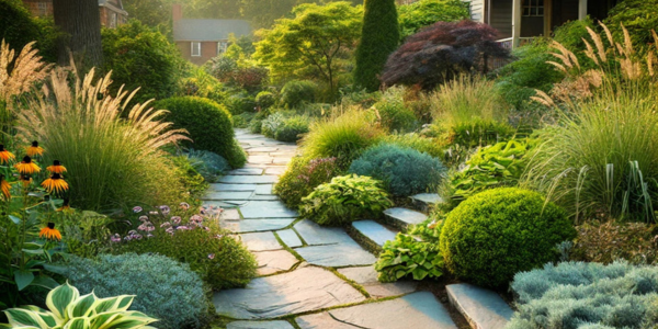 Natural stone walkway surrounded by native Maryland plants including boxwood, hostas, and black-eyed Susans in a landscaped residential garden.