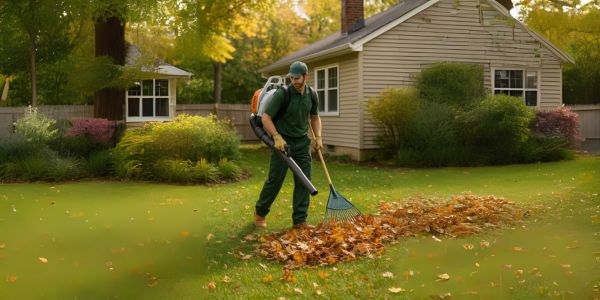 Professional landscaper using a leaf blower and rake during a fall yard cleanup in a residential garden.