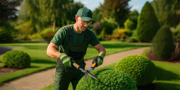 Professional landscaper trimming shrubs in a well-maintained residential yard during a seasonal maintenance visit in Montgomery County, Maryland.
