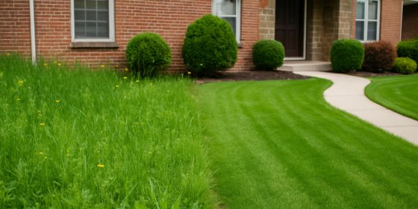 Side-by-side comparison of an overgrown, weedy lawn and a clean, professionally maintained residential yard.